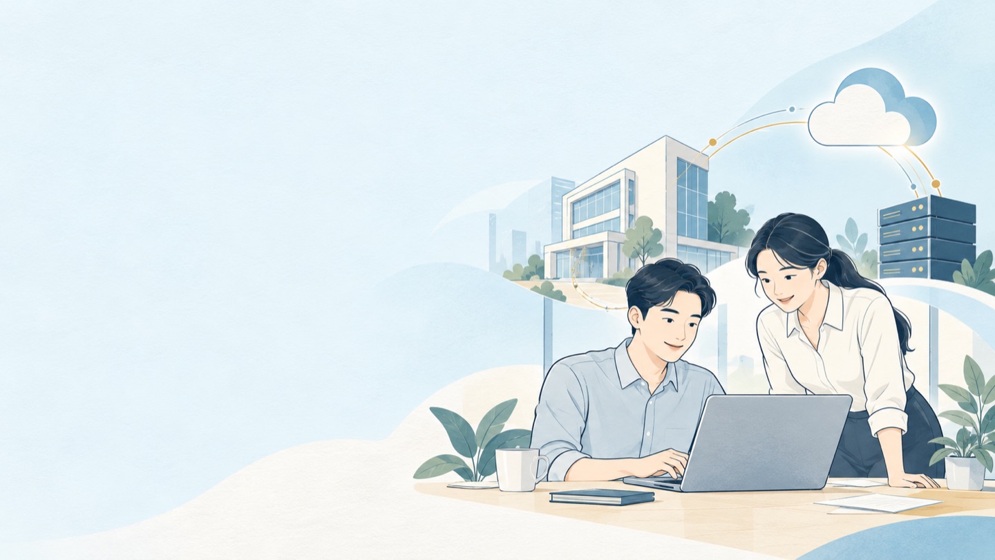 插畫：企業團隊在辦公室工作，重要資料透過雲端建立異地保護